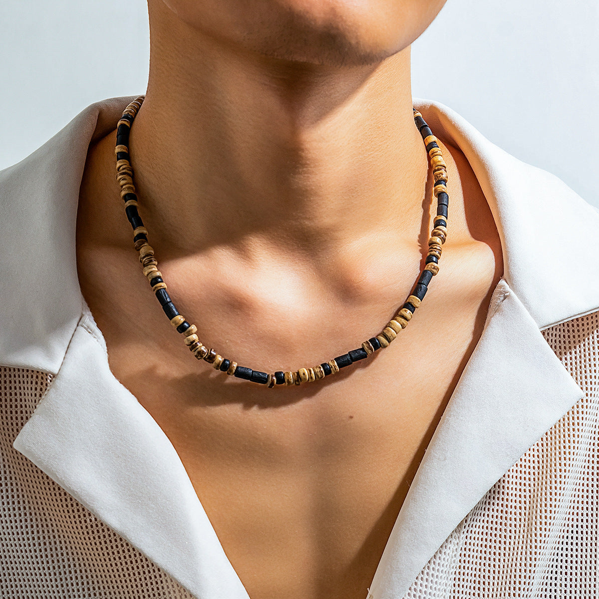 Men's Bohemian Wooden Bead Stitching Beaded Necklace - Chic Angle